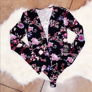 Express Black Floral Long-Sleeve Bodysuit, XXS